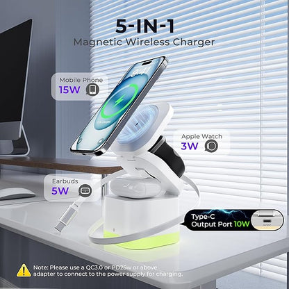 5 in 1 Wireless Charger, Foldable Wireless Charging Station with Night Light for Apple Magnetic Charger, Retractable Cable Travel Charger Stand for iPhone 17/16/15/14/13/12, Apple Watch, AirPods Pro 3