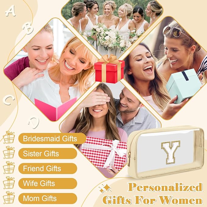 Personalized Initial Letter Clear Makeup Bag,Preppy Small Nylon&PVC Cosmetic Zipper Bag with Chenille Letter,Portable Beach Travel Skincare Toiletry Bag,Trendy Monogram Gift for Teen Girls Women,Y