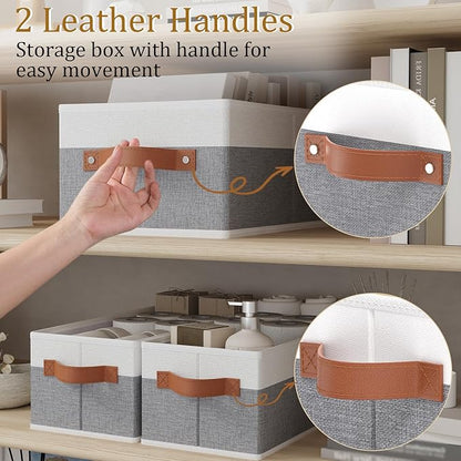 OUTBROS Storage Bins, Foldable Storage Baskets for Organizing,Fabric Storage Boxes With Handles,For bedrooms, living rooms, Shelves,Gray/White,16.1x6.5x9.8in,6-Pack