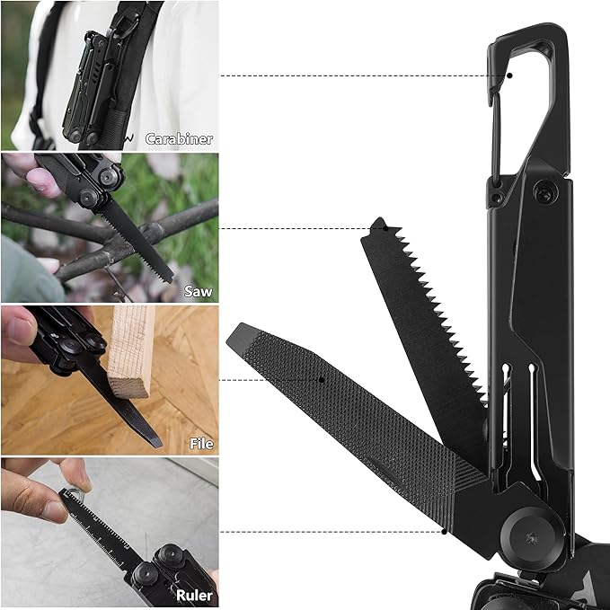 FLISSA 15-in-1 Multi-tool Pliers with Sheath, Portable Pocket Knife with Safety Locking System, Belt Clip and Sheath for Outdoors, Survival, Camping, Fishing, Hunting – Ideal Christmas Gift for Man