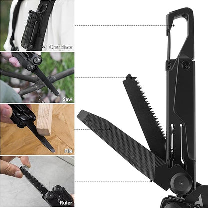 FLISSA 15-in-1 Multi-tool Pliers with Sheath, Portable Pocket Knife with Safety Locking System, Belt Clip and Sheath for Outdoors, Survival, Camping, Fishing, Hunting – Ideal Christmas Gift for Man