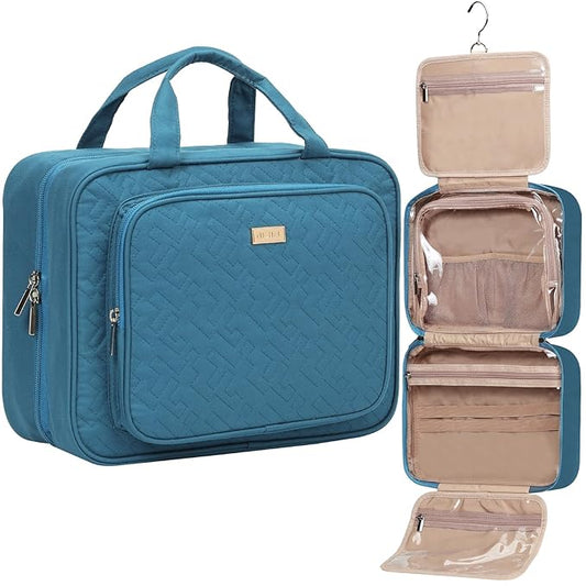 NISHEL Travel Toiletry Bag for Women, Makeup Essentials Organizer, Hanging Case for Accessories, Cosmetics, Large Size, Lake-Blue