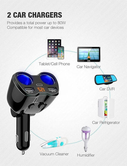 Otium USB C Car Charger, 2 Sockets Cigarette Lighter Splitter 12/24V 80W Dual USB Type-C Ports Separate Switch LED Voltage Display Built-in Replaceable 10A Fuse Compatible Mobile Phone GPS Dash Cam