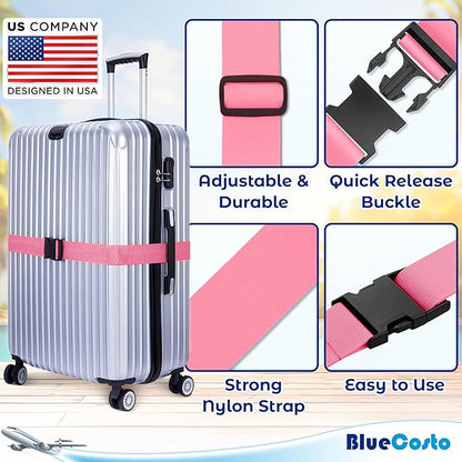 Luggage Straps for Suitcases - TSA Approved - Pink, 4 PK - Premium Nylon Belts for Suitcase, Briefcase & Travel Bag - Adjustable Strap Length 46" - 78"
