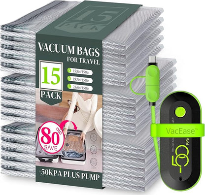Vacuum Bags for Travel with USB Electric Pump, 15 Pack Carry-on Size Compression Packing for Luggage and Suitcase, Space Saver Bags for Clothes and Clothing Travel