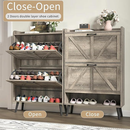 Shoe Storage Cabinet with 2 Flip Drawers, Hidden Shoe Cabinet Storage for Entryway Slim, Farmhouse Shoe Organizer with Wood Legs, Narrow Shoe Rack Cabinet, Washed Gray