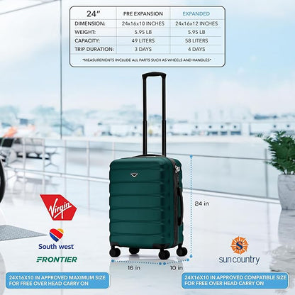 Flight Knight 24x16x10 Expandable Carry On Suitcase Hardside TSA Lock USB C Lightweight Luggage Silent Double Spinner Wheels Maximum Overhead Carry-On Bag For Virgin & South West Approved Airlines