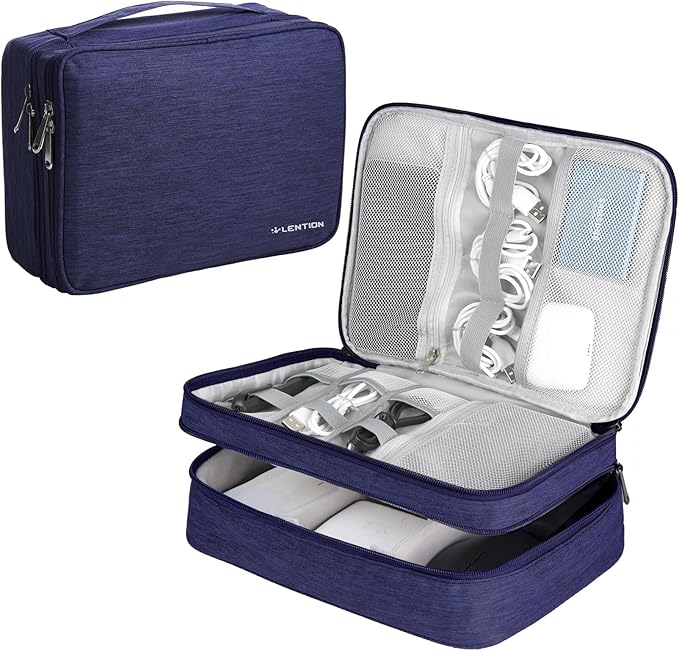 LENTION Cable Electronics Organizer Bag Pouch, Travel Accessories Carry Case Portable Bag Waterproof Double Layers All-in-One Storage Bag Carrying for Cord, Charger, Power Bank, Earphone Blue