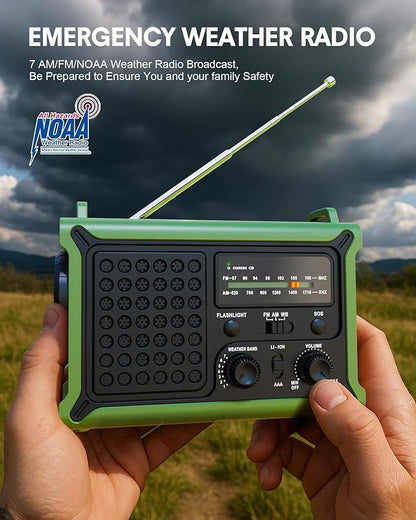 Emergency Weather Radio with Solar & Crank Power – AM/FM/NOAA, LED Flashlight, Reading Light, USB Charging & SOS – Survival Gear for Power Outages & Storms