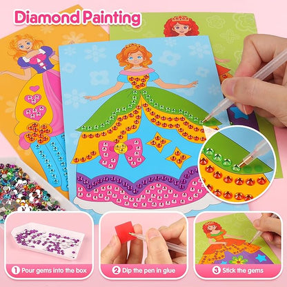Mocoosy Princess Makeup Art Craft Kit for Girls, Foil Crafts & Gem Painting, Paper Doll Makeup Activity Kit for Kids Ages 4-8, Dress Up Sticker Books, Travel Toys Birthday Gift 5 6 7 8 9 Years Old