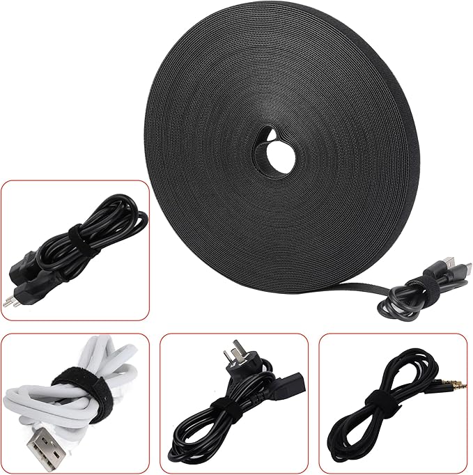 Hook and Loop Strips Roll 1/2 inX125 Yd, Black Reusable Cable Ties Double Sided Straps Tape Wrap Fasteners for Home Organization (25 Yd X 5 Rolls)