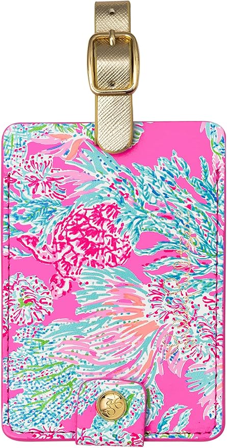 Lilly Pulitzer Leatherette Luggage Tag with Secure Strap, Colorful Suitcase Identifier for Travel