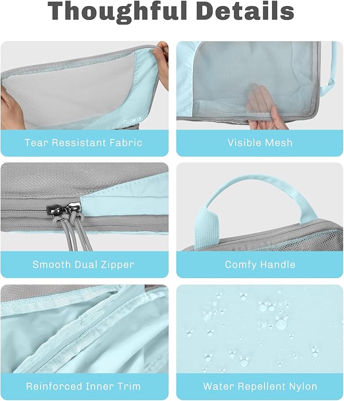 Hynes Eagle 6 Set/ 4 Set/ 2 Set Compression Packing Cubes Travel Essentials Lightweight Nylon Luggage Suitcase Organizer Bag Light Blue 4PCS