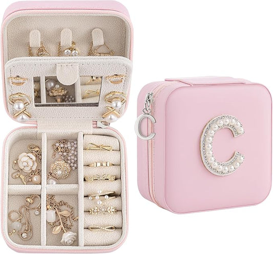 Initial Jewelry Box, Travel Jewelry Case, Gift for Women, Girls, Pink, Classic Style