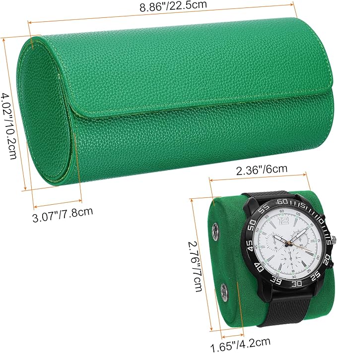 HARFINGTON Watch Roll Travel Case 3 Slot Portable Leather Watch Case for Men and Women, Watches Storage Organizer with Removable Pillow for Traveling, Display, Textured Green