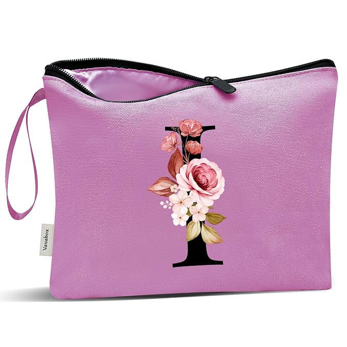 Vavabox A-Z Personalized Makeup Bag, Birthday Gifts for Women Mom, Gifts for Best Friend, Bride Bridesmaid Cosmetic bag (I, Purple)