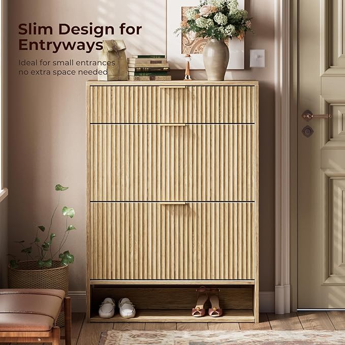 Evermagin 31.5''W Oak Shoe Cabinet Storage with Drawer for Entryway, Fluted Slim Shoe Dresser with 2 Flip Drawers, Narrow Shoe Rack Cabinet, Hidden Shoe Organizer Cabinet for Entrance, Hallway