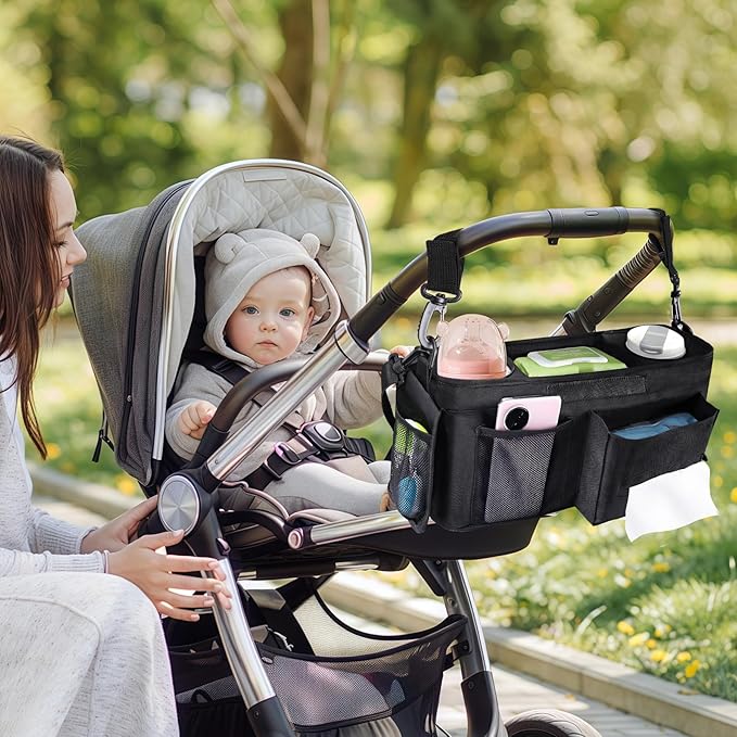 INFANZIA Universal Stroller Organizer with Insulated Cup Holders, Adjustable Stroller Caddy with Phone Bag & Shoulder Strap, Baby Stroller Accessories Fits for Uppababy, Doona, Jogger, Britax (Black)