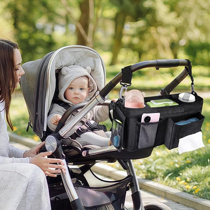 INFANZIA Universal Stroller Organizer with Insulated Cup Holders, Adjustable Stroller Caddy with Phone Bag & Shoulder Strap, Baby Stroller Accessories Fits for Uppababy, Doona, Jogger, Britax (Black)