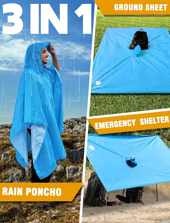 ANYOO Hooded Rain Poncho for Adults Waterproof Lightweight Rain Coat for Men Women Reusable Rain Jacket for Emergency Outdoor