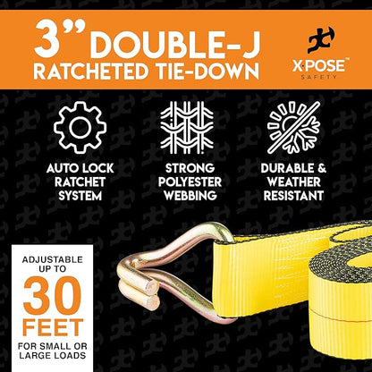 Ratchet Straps Heavy Duty 3" x 30' – 16,200 lbs Break Strength Tie Down Straps with Double J Hooks, Ratcheting Cargo Straps for Truck, Trailer, Kayak, Motorcycle & Moving – 1 Pack