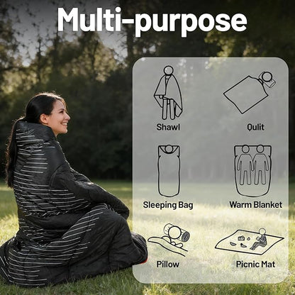 Lightweight Camping Blanket, Packable, Down Alternative, Puffy, Printed Wearable Blankets, Warm Camping Quilt with Snap Buttons for Outdoor, Travel, Hiking