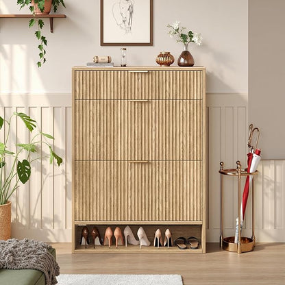 31.5''W Oak Shoe Storage Cabinet for Entryway with Drawers, Fluted Slim Shoe Cabinet with 2 Flip Drawers, Narrow Shoe Dresser Cabinet for Foyer, Hallway
