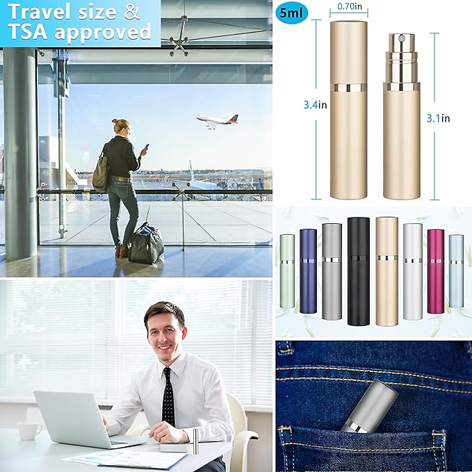 Refillable Perfume Atomizer Travel Bottle 2-Pack 5ml Leakproof Luxury Travel Perfume Refillable Bottle, Portable Fragrance Atomiser (Silver & Gold)
