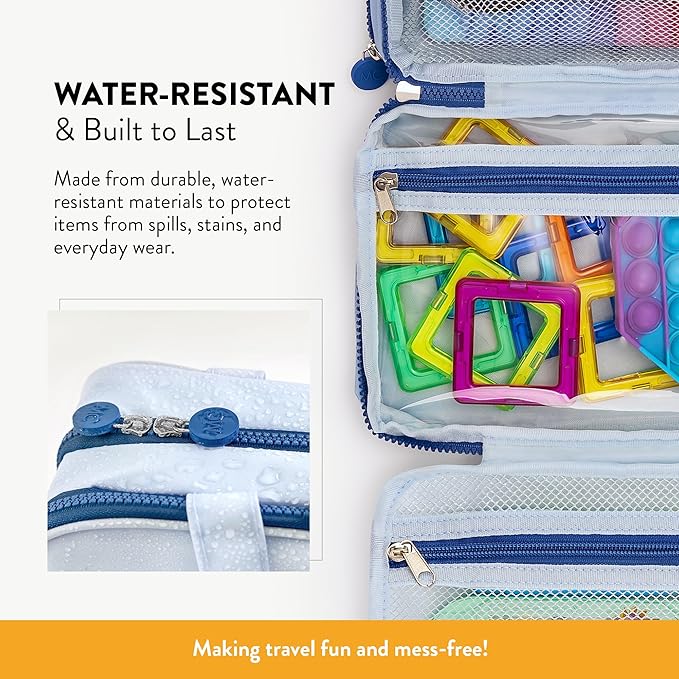 Kids Travel Organizer – Multi-Compartment, Water-Resistant Hanging Bag for Toys, Snacks, & Activities - Compact, Lightweight Design with Hook & Carry Handle - Perfect for Travel Use (Blue, Small)