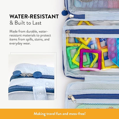 Kids Travel Organizer – Multi-Compartment, Water-Resistant Hanging Bag for Toys, Snacks, & Activities - Compact, Lightweight Design with Hook & Carry Handle - Perfect for Travel Use (Blue, Small)
