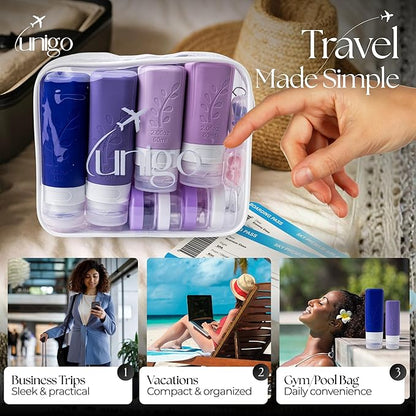 unigo 30 pack Full Set TSA Approved Travel Bottles, Travel Size Containers for Toiletries, Refillable Leakproof Shampoo and Conditioner Bottles, Toiletry Containers,Extra Bottle Sleeves (Purple)