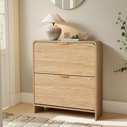 RARZOE Fluted Shoe Cabinet with 2 Flip Drawers, Narrow Curved Shoe Storage Cabinet for Entryway, Freestanding Wood Hidden Shoe Organizer Closed Shoe Rack Cabinet for Foyer, Hallway (29.5''Natural)