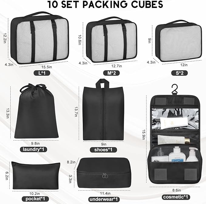 10 Set Packing Cubes for Travel, Travel Organizer with Hanging Toiletry Bag and Shoe Bag, Luggage Organizer Bags for Travel Essentials Women Men