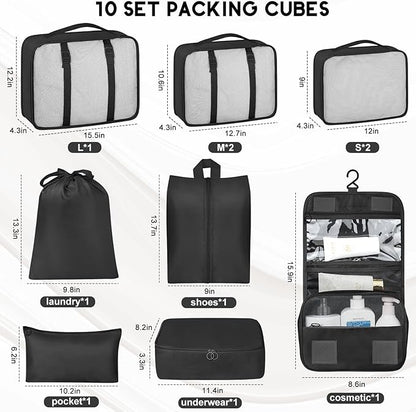 10 Set Packing Cubes for Travel, Travel Organizer with Hanging Toiletry Bag and Shoe Bag, Luggage Organizer Bags for Travel Essentials Women Men