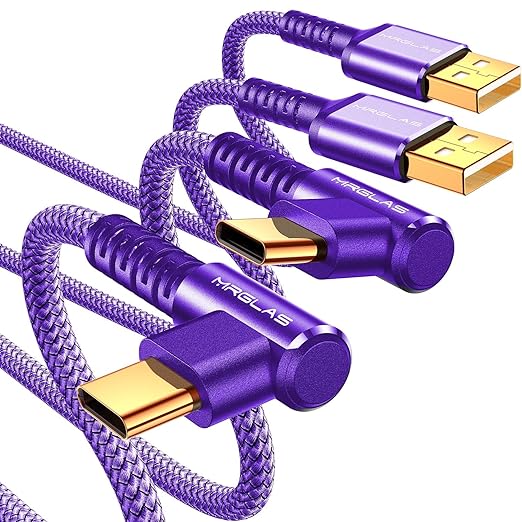MRGLAS USB A to USB C Cable 3.2A 2-Pack [90°, Gold-Plated] 6.6+6.6FT Type C Charger Right Angle Nylon Braided Fast Charge Cable for iPhone 16 15 Galaxy S10 S9 Plus S21 Note 10 LG - Purple