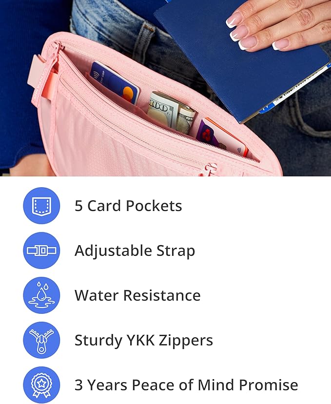 Vantamo Money Belt with RFID For Men & Women, Hidden Passport Holder for Travel, 2 Compartment Travel Fanny Pack for Women Anti Theft
