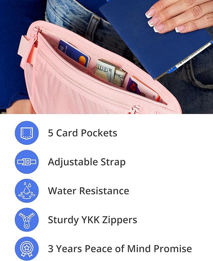 Vantamo Money Belt with RFID For Men & Women, Hidden Passport Holder for Travel, 2 Compartment Travel Fanny Pack for Women Anti Theft