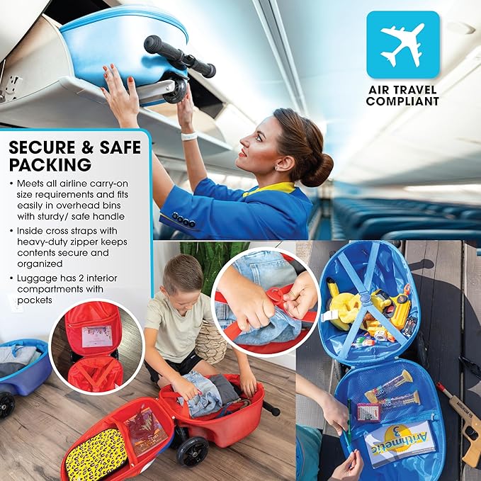 KIDDIETOTES 3-D Hardshell Luggage Scooter for Kids - Lightweight Rideable Luggage for kids - Fits in Overhead Bins - LED Light Up Wheels