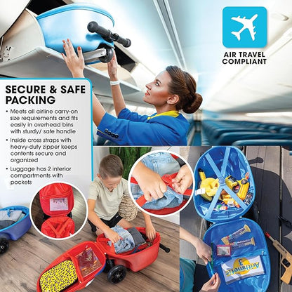 KIDDIETOTES 3-D Hardshell Luggage Scooter for Kids - Lightweight Rideable Luggage for kids - Fits in Overhead Bins - LED Light Up Wheels