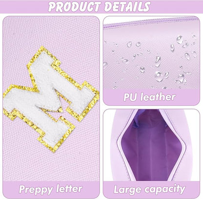 Gifts for Girls Initial Makeup Bag Personalized Cosmetic Bag with Zipper Cute Travel Toiletry Bag Waterproof PU Preppy Makeup Pouch Birthday Gift for Teen Girls Women(Purple M)