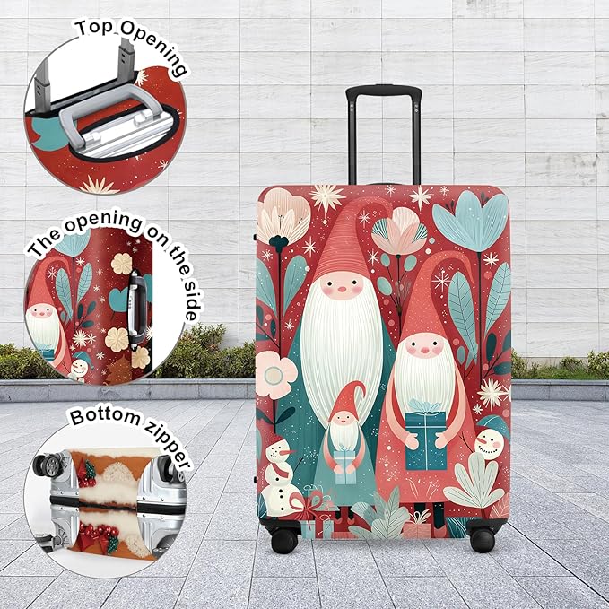 Christmas Gnome Luggage Cover - Red Background with Santa's Helpers, Trees and Snowmen, Elastic Holiday Travel Case for 24 26 Inch Bag