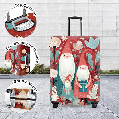 Christmas Gnome Luggage Cover - Red Background with Santa's Helpers, Trees and Snowmen, Elastic Holiday Travel Case for 24 26 Inch Bag
