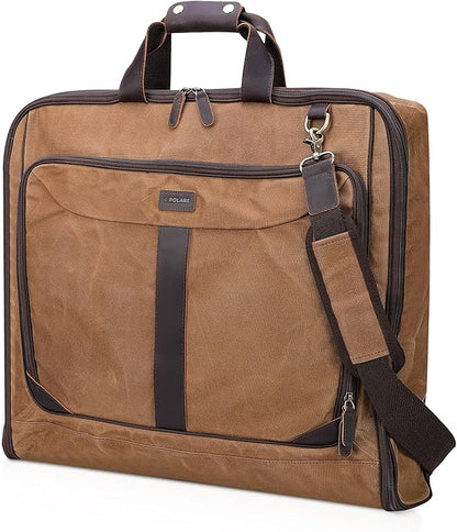 Polare Waxed Canvas Full Grain Leather Trim Garment Carry on Bag for Business Travel, Waterproof Hanging Suit Luggage Bag Wrinkle-Free Suit Cover with YKK Zipper and Shoulder Strap