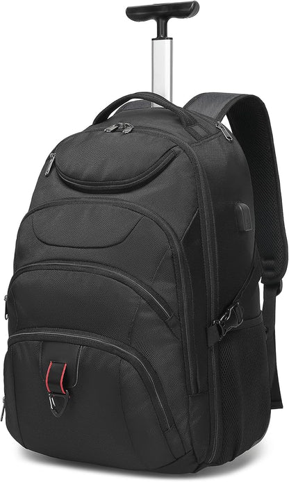 Boavan Wheeled Backpack,18.4 inch Water Resistant Rolling Backpack,Carry on Luggage Business Bag, Overnight College Computer Backpacks Trolley Suitcase for Men Women Adults to Travel，Black