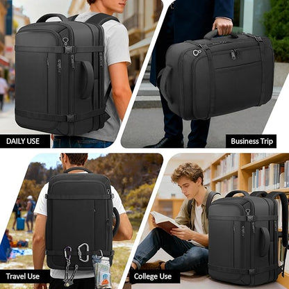 Travel Backpack, 40-50L Expandable Carry On Backpack with Cable Access Port Fits 17.3 Inch Laptop Bag,Water Resistant Weekender Bag Men Women for Business Trips, College,Hiking,Daily Commuting,Black