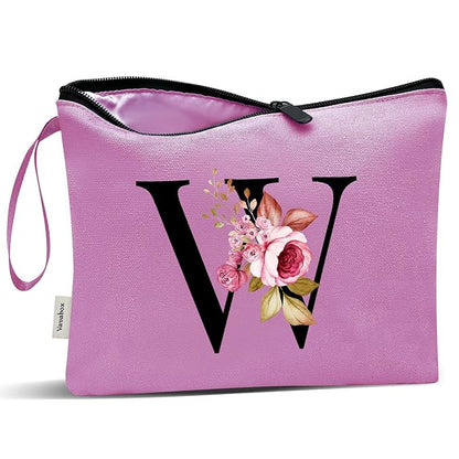 Vavabox A-Z Personalized Makeup Bag, Birthday Gifts for Women Mom, Gifts for Best Friend, Bride Bridesmaid Cosmetic bag (W, Purple)