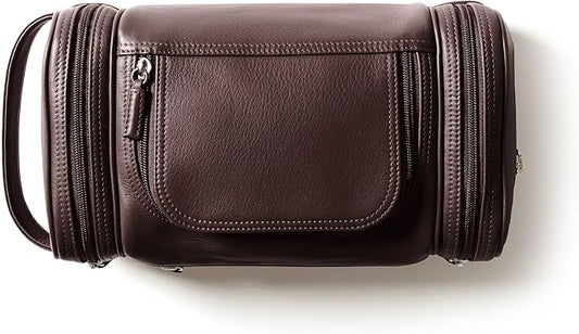 Leatherology Brown Multi Pocket Toiletry Bag - Main top zippered compartment with additional side and front zippered pockets