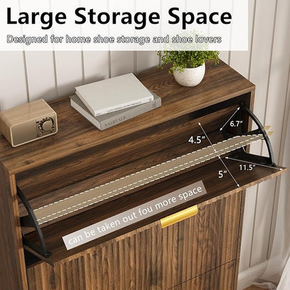Shoe Storage Cabinet with 3 Flip Drawers, 31.5" W Fluted Shoe Cabinet for Entryway, Hidden Shoe Cabinet Storage, Narrow Free Standing Shoe Orgnaizer Rack Cabinet for Foyer Hallway, Natural