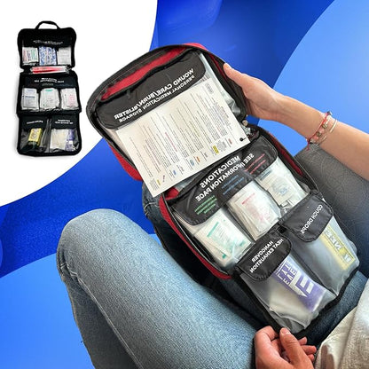 College First Aid Kit – Compact Emergency Medical Kit for Dorm Rooms, School, Sports – with Bandages, OTC Medicines for Relief, Gauze, Quick Care Set – Portable Health Kit - 175 PCS, Red