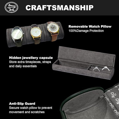 DUKWIN Watch Roll for 3 Watches,Vegan Leather Travel Watch Case Organizer with Removable Pillows for Men and Women,Display Case for Watches Collection & Gift for Anniversary Birthday(Green Storag Box)